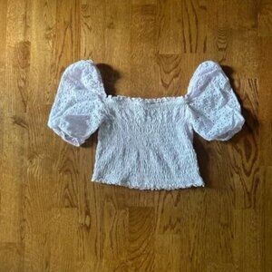 Miss Selfridge Women Pink Top Smocked Eyelet Puff Sleeve Shirt Peasant Crop 2